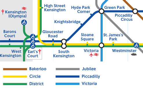 Линии Circle и District касаются друг друга, а Piccadilly идёт на расстоянии
