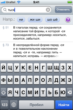Поиск в программе «Правила русского языка» на Айфоне